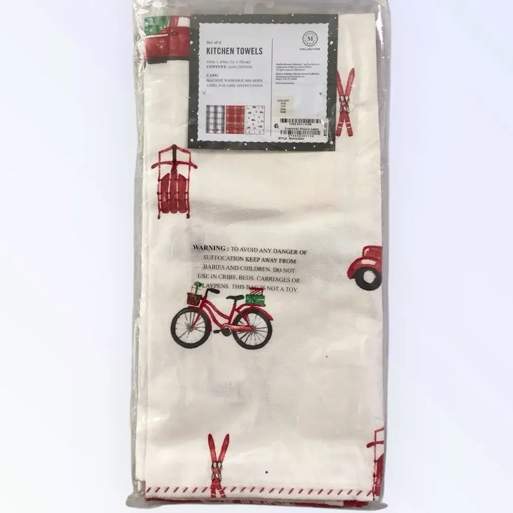 Martha Stewart NWT Christmas Kitchen 3 Towels Red Truck & Tree Design